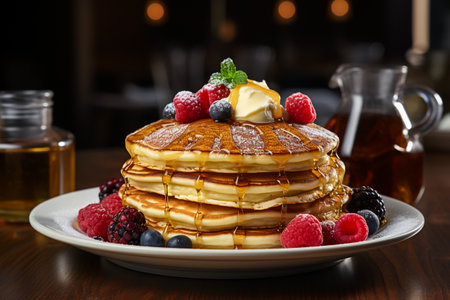 Plate with tasty pancakes and berries on wooden table in cafe, closeupの素材