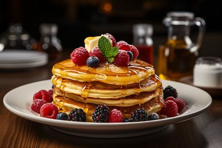 Stack of pancakes with fresh berries and maple syrup on wooden table.の素材