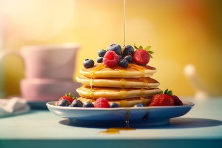 Pancakes with fresh berries and maple syrup on a blue backgroundの素材