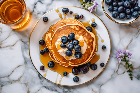 Pancakes with blueberries and honey on a white marble tableの素材