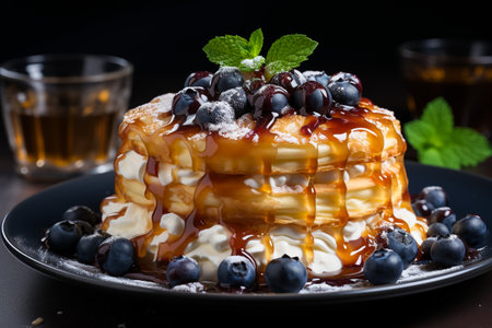 Pancakes with blueberries and caramel sauce on a black backgroundの素材