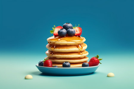 Pancakes with berries and honey on a blue background. Copy space.の素材