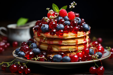 Pancakes with berries and honey on a dark background. Selective focus.の素材