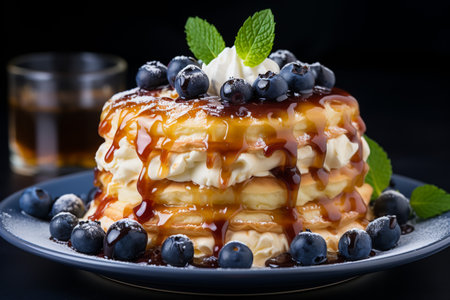 Belgian waffles with blueberries and caramel sauce on black backgroundの素材