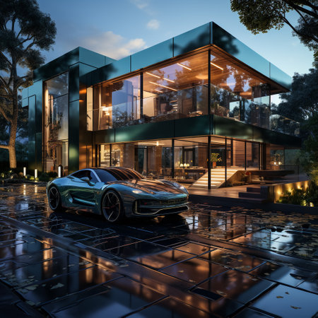 3D rendering of a brand-less generic concept car in front of a modern houseの素材