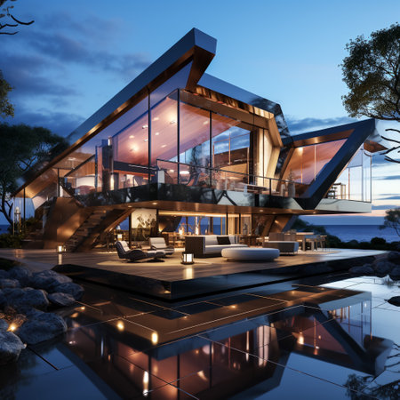 3d rendering of modern cozy house with pool and parking for sale or rent with wood plank facade. Clear summer night with many stars on the sky.の素材