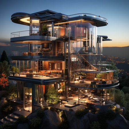 3d rendering of modern cozy house with parking and pool for sale or rent. Luxury house in the mountains.の素材