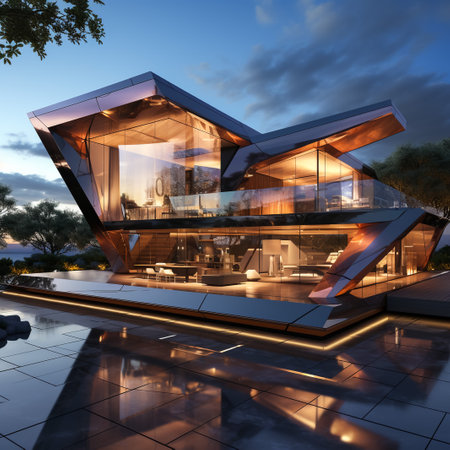 3d rendering of modern cozy house with pool and parking for sale or rent in luxurious style and beautiful landscaping on background. Clear summer night with golden lightの素材