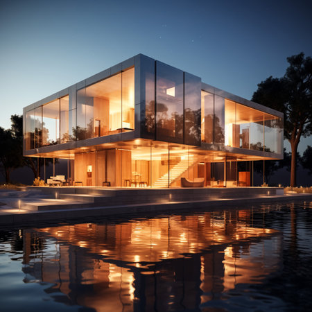 3d rendering of modern cozy house with pool and parking for sale or rent. Luxury home in the evening with reflection in water.の素材