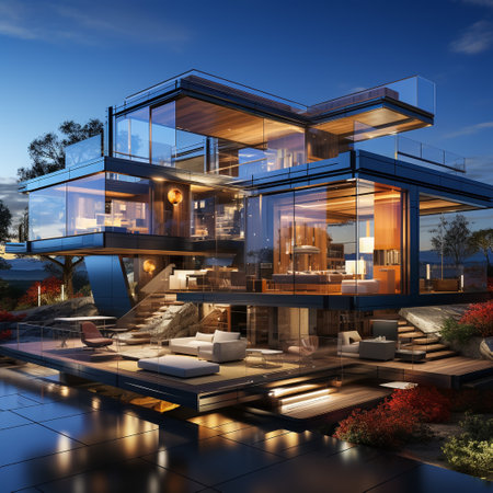 3d rendering of modern cozy house with pool and parking for sale or rent with wood plank facade. Clear summer night with blue sky.の素材
