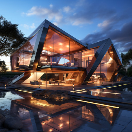 3d rendering of modern cozy house with pool and parking for sale or rent in luxurious style and beautiful landscaping on background. Clear summer night with golden lightの素材