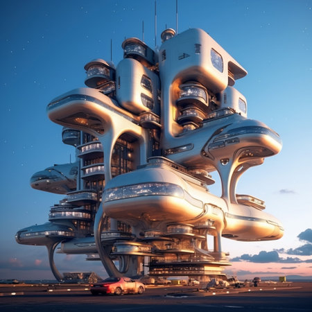 3D rendering of a futuristic building in the city at night.の素材
