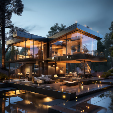 3d rendering of modern cozy house with parking and pool for sale or rent in luxurious style. Black and white colors.の素材