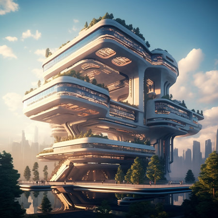 Futuristic building in the form of a city on the lakeの素材