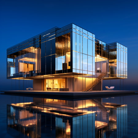 3d rendering of modern cozy house with pool and parking for sale or rent. Luxury house in the sea.の素材