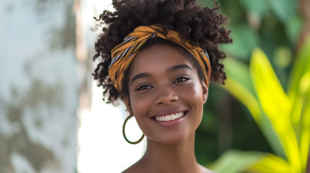 Portrait of cheerful african mature woman with headscarf against grey wall. Middle aged black woman laughing, copy space. Happy smiling black lady wearing traditional african scarf and looking at cameの素材