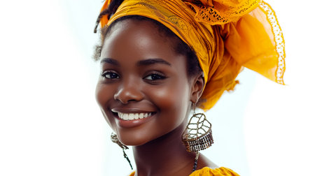 Portrait of cheerful african mature woman with headscarf against grey wall. Middle aged black woman laughing, copy space. Happy smiling black lady wearing traditional african scarf and looking at cameの素材