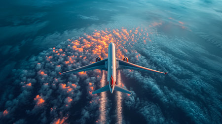 Passengers commercial airplane flying above clouds in sunset light. Concept of fast travel, holidays and business.の素材