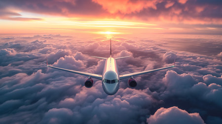 Passengers commercial airplane flying above clouds in sunset light. Concept of fast travel, holidays and business.の素材
