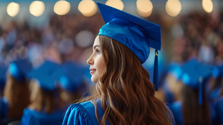 Graduate woman students wearing graduation hat and gown, back view of graduate student girl hug future and look up to copy space, she wear graduation cap and gown ,asian womanの素材