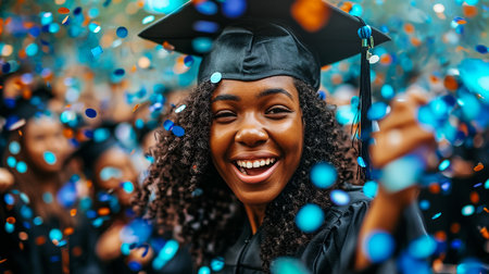 Graduate woman students wearing graduation hat and gown, back view of graduate student girl hug future and look up to copy space, she wear graduation cap and gown ,asian womanの素材