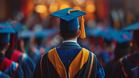 Back view of student holding diploma isolated on whiteの素材