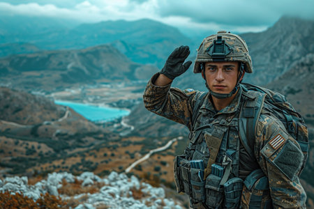 Silhouette of saluting soldier on white background, back viewの素材