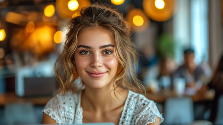 Beautiful woman smilling happy outdoors at the cityの素材