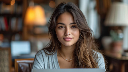 Elegant european girl with beautiful brown eyes touching chin with fingers and gently smilling. Close-up portrait of trendy young woman in glasses and knitted sweater posing in yellow room.の素材