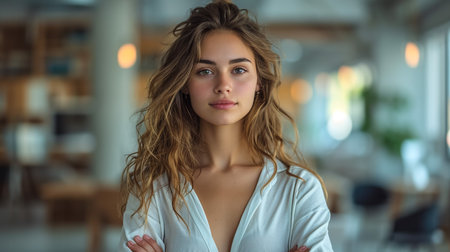 Elegant european girl with beautiful brown eyes touching chin with fingers and gently smilling. Close-up portrait of trendy young woman in glasses and knitted sweater posing in yellow room.の素材