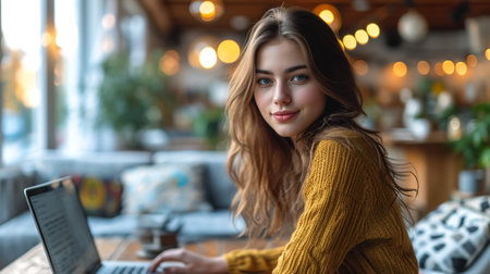 Elegant european girl with beautiful brown eyes touching chin with fingers and gently smilling. Close-up portrait of trendy young woman in glasses and knitted sweater posing in yellow room.の素材