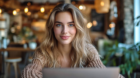 Elegant european girl with beautiful brown eyes touching chin with fingers and gently smilling. Close-up portrait of trendy young woman in glasses and knitted sweater posing in yellow room.の素材