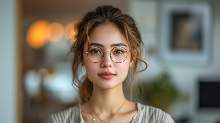 Elegant european girl with beautiful brown eyes touching chin with fingers and gently smilling. Close-up portrait of trendy young woman in glasses and knitted sweater posing in yellow room.の素材