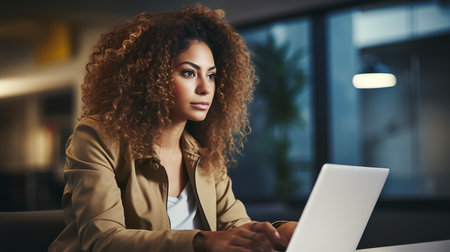 Beautiful Middle Eastern Manager Sitting at a Desk in Creative Office. Young Stylish Female with Curly Hair Using Laptopの素材
