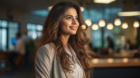 Beautiful Middle Eastern Manager Sitting at a Desk in Creative Office. Young Stylish Female with Curly Hair Using Laptopの素材