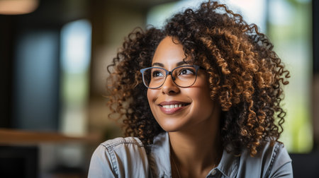 Beautiful Middle Eastern Manager Sitting at a Desk in Creative Office. Young Stylish Female with Curly Hair Using Laptopの素材