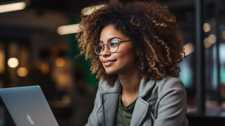 Beautiful Middle Eastern Manager Sitting at a Desk in Creative Office. Young Stylish Female with Curly Hair Using Laptopの素材