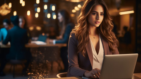 Beautiful Middle Eastern Manager Sitting at a Desk in Creative Office. Young Stylish Female with Curly Hair Using Laptopの素材