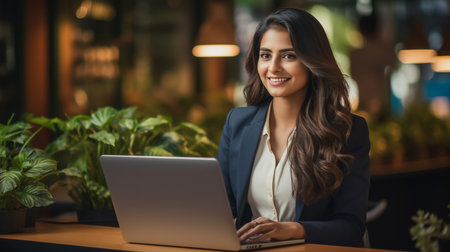 Beautiful Middle Eastern Manager Sitting at a Desk in Creative Office. Young Stylish Female with Curly Hair Using Laptopの素材