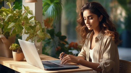 Portrait of happy and successful female programmer inside office at workplace, worker smiling and looking at camera with laptopの素材