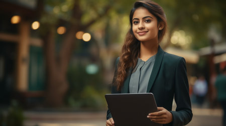 Happy Brunette Business Lady Using Laptop Smilingの素材