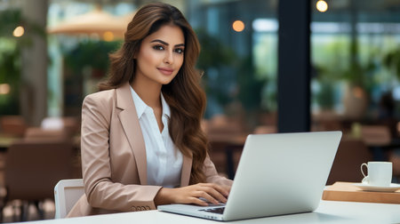 Portrait of Young Successful Caucasian Businesswoman Sitting at Desk Working on Laptop Computer in City Officeの素材