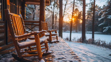 Chair with fur cover on a porch deck of a log cabin with snow. Tea, warm blanket and reading. Cold winter relax weekendの素材