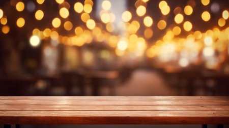 Wooden table in front of abstract blurred restaurant lights backgroundの素材