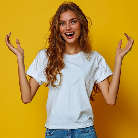 Young smiling woman standing with hands in pockets, wearing blank white tshirt with copy space, isolated on yellow backgroundの素材