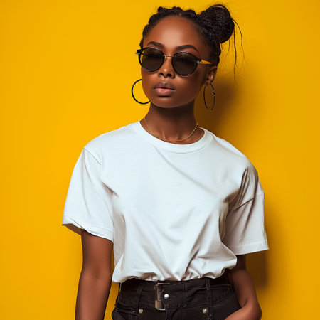 Young smiling woman standing with hands in pockets, wearing blank white tshirt with copy space, isolated on yellow backgroundの素材