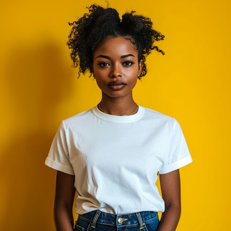 Young smiling woman standing with hands in pockets, wearing blank white tshirt with copy space, isolated on yellow backgroundの素材