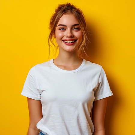 Young smiling woman standing with hands in pockets, wearing blank white tshirt with copy space, isolated on yellow backgroundの素材