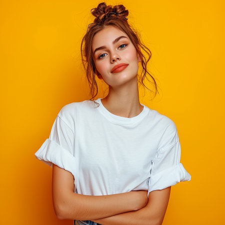Young smiling woman standing with hands in pockets, wearing blank white tshirt with copy space, isolated on yellow backgroundの素材