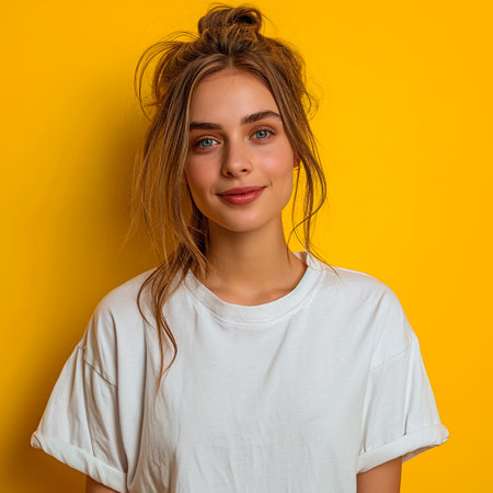 Young smiling woman standing with hands in pockets, wearing blank white tshirt with copy space, isolated on yellow backgroundの素材